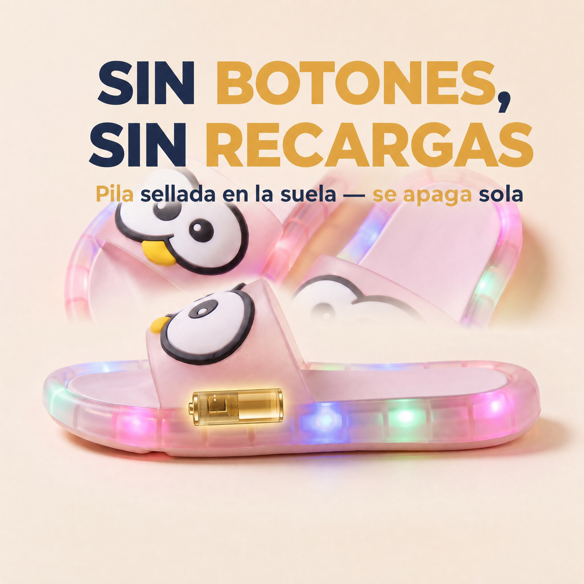 Sin botones, sin recargas — pila sellada en la suela